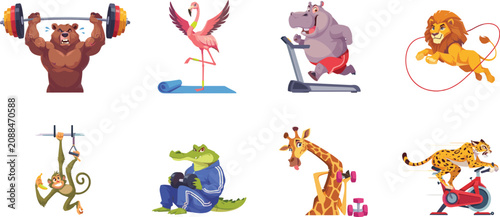 Photography Funny Safari Gym Animals Fitness and Workout Vector Character Set with Weightlif