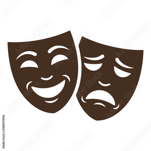 Fotografía Two brown comedy and tragedy masks side by side smiling frowning faces icon