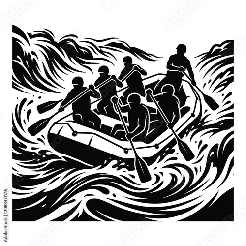 Konstfotografi Black and white illustration of people rafting on a river with oars icon