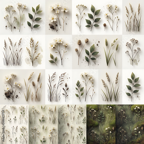 Large botanical set with watercolor wildflowers, herbs and green leaves. Collection of elements
