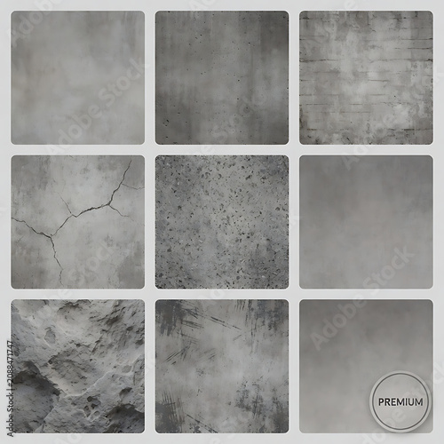 Set of gray concrete and stone textures. Collection of nine square samples: old walls with cracks, scratches, cement crumb a
