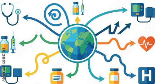 World map centralizes diverse healthcare services and diagnostic tools linked by directional arrows.