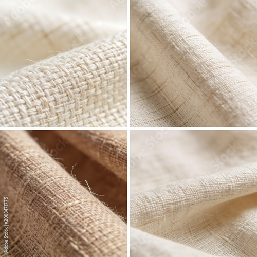 Set of realistic natural fabric textures macro. Four canvas samples: coarse linen, cotton, matting and burlap in beige tones