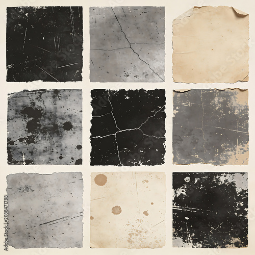 Set of dark grunge textures and old paper. Nine square cards with scratches, stains, noise, scuffs and dust effect
