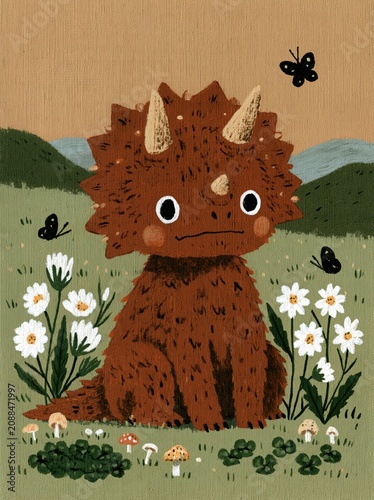 Triceratops illustration presented as a creative concept for children's marketing, educational content, nursery branding, and digital media advertising.