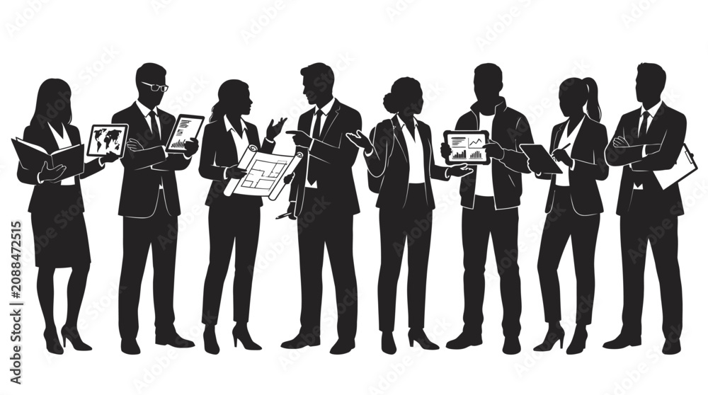 Obraz premium Diverse Business Team Silhouettes with Technology and Plans