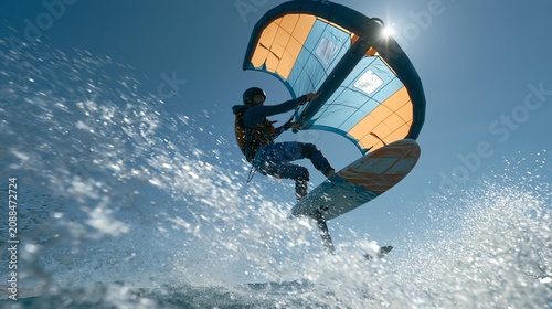 Wing foiler jumps over water spray in bright sunlight