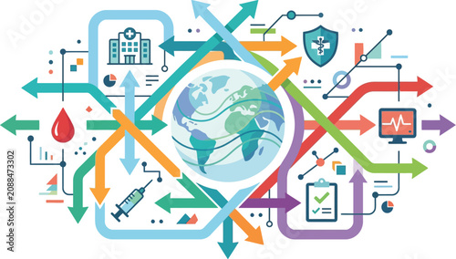 Globe encircled by medical icons and directional arrows represents the global reach of modern healthcare systems.