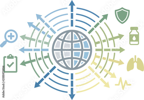 Globe connected to radial medical diagnostic icons symbolizes the interconnected nature of global healthcare systems and disease prevention.