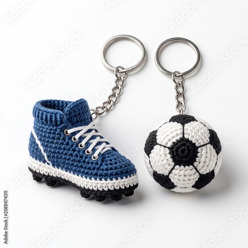 Handmade crochet football accessories keychain set featuring miniature knitted football boot.