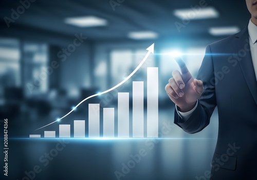 Business person touching a digital bar chart with an upward growth trend line in a futuristic office environment