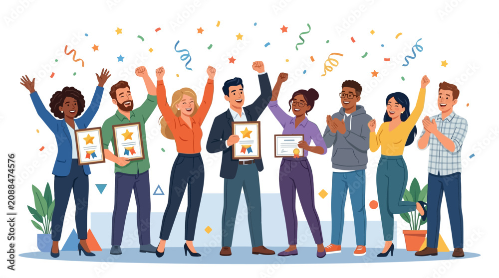 Obraz premium Diverse group celebrating success, holding awards, confetti falling