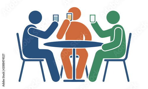 Three simplified men in bold flat color blocks sitting around a round table holding beverage glasses, social gathering concept