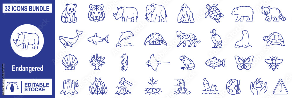 Fototapeta premium 32 Endangered Animals Icons Bundle, Climate Change and Environment Vector Illustration Set