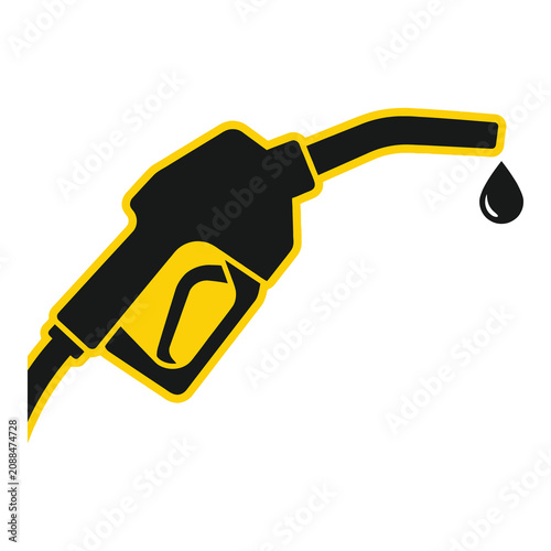 Gas pump nozzle with a single fuel drop on white background icon
