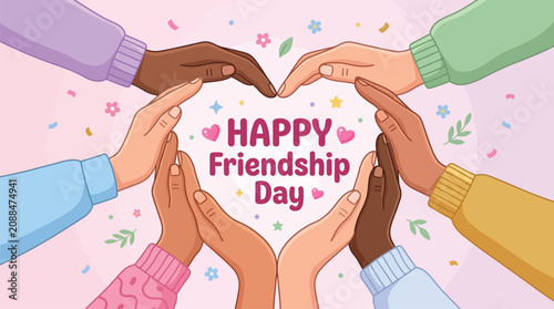 Diverse hands forming heart shape for friendship day celebration vector illustration