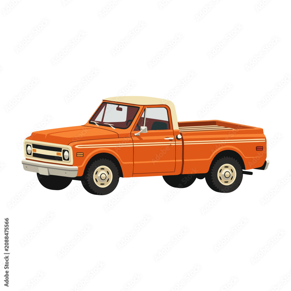Fototapeta premium Orange vintage pickup truck isolated on white background, retro vehicle