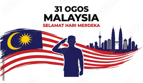 Malaysia independence day celebration with flag and city skyline