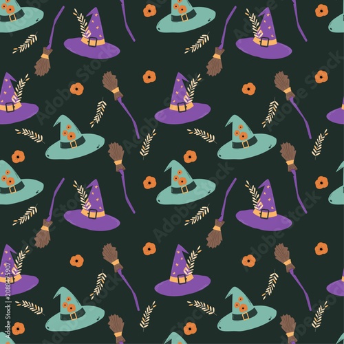 Magic Witch Hat and Broomstick Seamless Pattern on Dark Background, Halloween Spooky Night Vector, Elegant Gothic Botanical Floral Elements for Textile, Packaging, Wallpaper