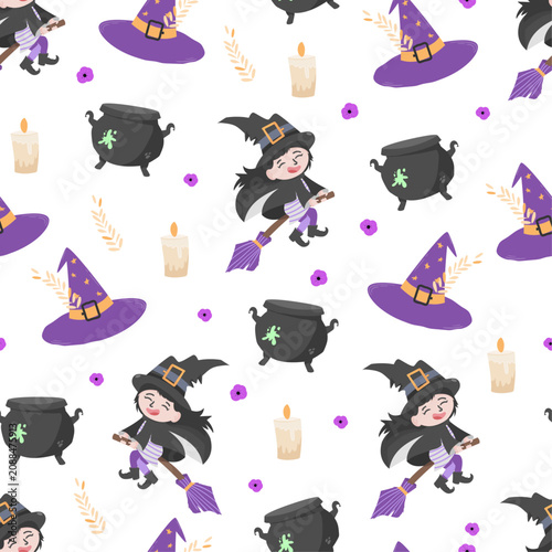Cute Little Witch Character Seamless Pattern, Halloween Flying Witch Girl with Cauldron Background, Kawaii Spooky Vector for Kids Nursery Decor, Girls Apparel, Wrapping Paper