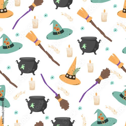 Cute Witch Broomstick and Hat Seamless Pattern, Halloween Magic Cauldron and Candles Background, Spooky Sorcery Vector for Kids Apparel, Gift Wrap, Party Supply