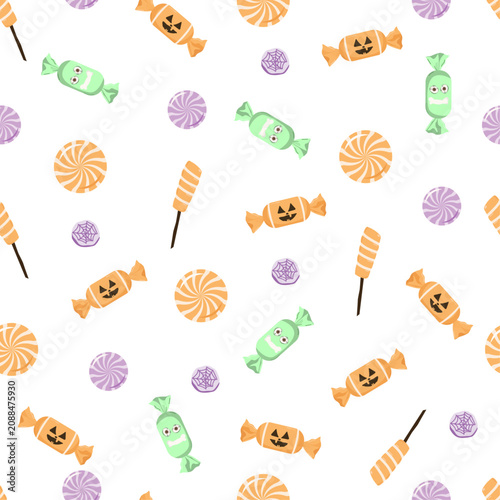 Halloween Candies and Sweets Seamless Pattern, Minimalist Trick or Treat Lollipops Background, Cute Festive Food Vector for Autumn Holiday Packaging, Kitchen Textile