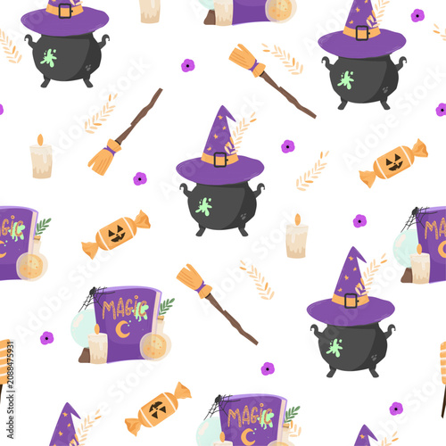 Witchcraft Magic Seamless Pattern, Cute Witch Hat, Cauldron and Spell Book Background, Halloween Sorcery Vector for Nursery Textile, Stationery, Packaging