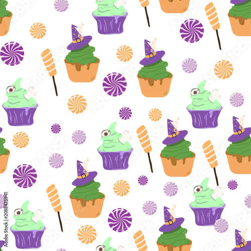 Cute Halloween Cupcakes Seamless Pattern, Kawaii Spooky Sweets and Candies Background, Witch Hat Muffin Vector for Kids Fabric, Festive Gift Wrap, Party Decor
