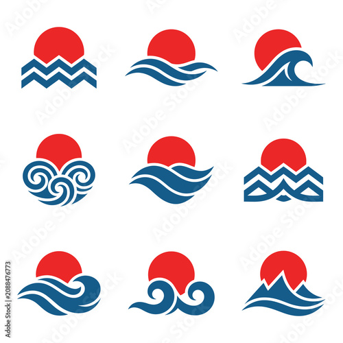 Set of ocean wave and sun logo designs for graphic resources icon