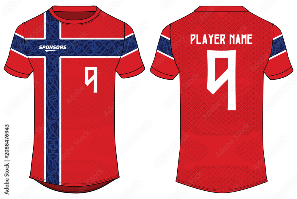 Obraz premium Sports t-shirt football jersey design flat sketch illustration, Norway Football jersey concept with front and back view for Soccer uniform kit