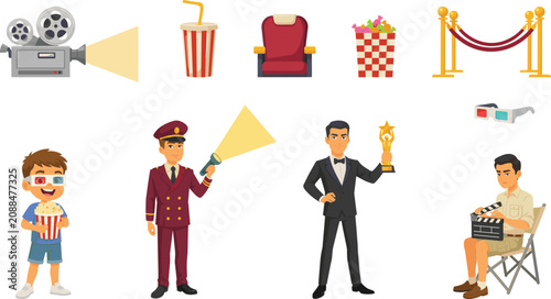 Фотография Cinema and Movie Theater Flat Vector Character Set with Film Director, Actor hol
