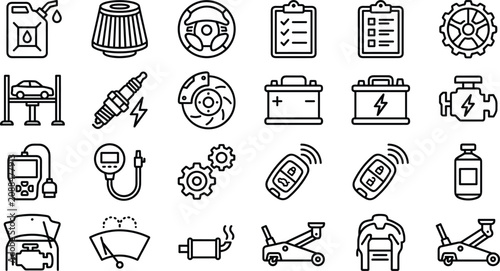 Fotografie Auto repair shop and vehicle diagnostic tools thin line icons set on white backg