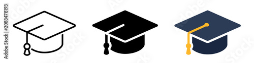 Graduation cap icon set. Graduation hat, student, diploma, tassel, academic symbol on white background - stock vector.