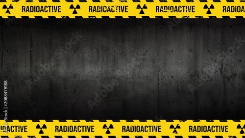 Looping Industrial Radioactive Warning Tape Border Animation with Hazard Symbols on Dark Metal Surface 4K 60 fps
