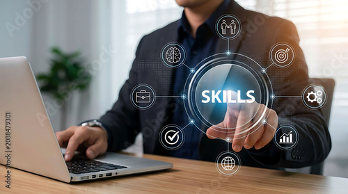 Businessman pointing at skills professional development network interface