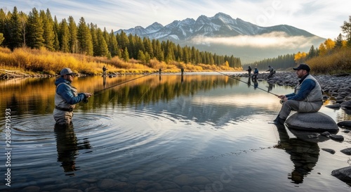 Fishermen cast lines in a scenic mountain river during autumn.