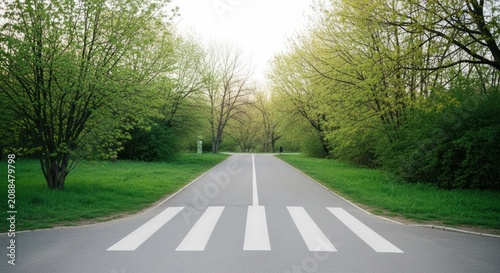 A park path with a crosswalk leads through lush green trees in springtime.