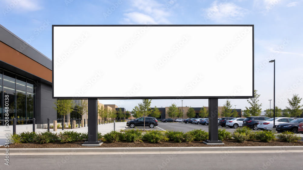 Obraz premium Large blank outdoor billboard mockup at a modern city bus stop with an empty white advertising space, urban street background, trees, buildings