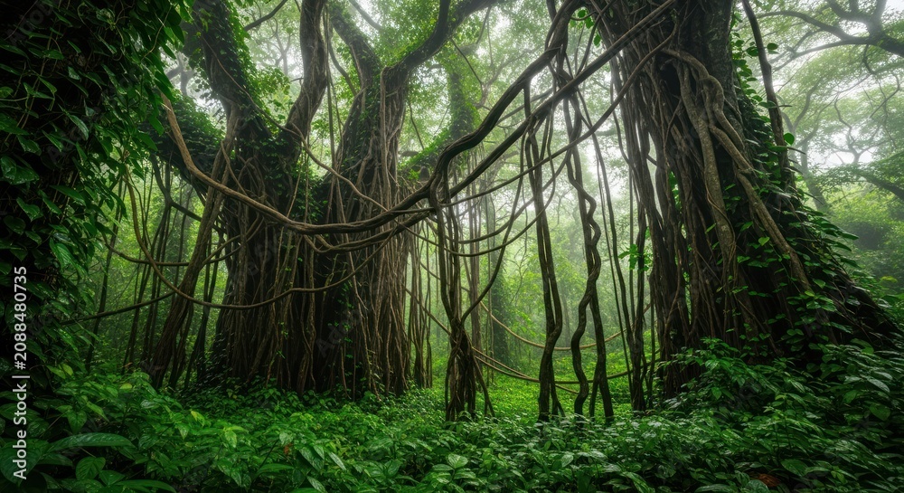 Fototapeta premium Mysterious ancient banyan trees in a lush, foggy jungle.