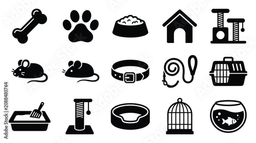 Pet care and veterinary vector icon set with dog bone paw print pet food bowl collar leash dog house scratching post carrier cage aquarium flat black glyph symbols