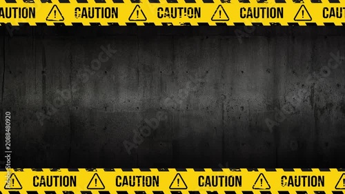 Looping Industrial Caution Tape Border Animation with Hazard Symbol and Repeating CAUTION Text on Dark Metal Surface 4K 60 fps