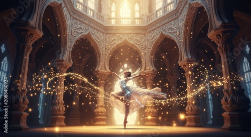A dancer performs ballet in a magical, ornate ballroom with sparkling lights.