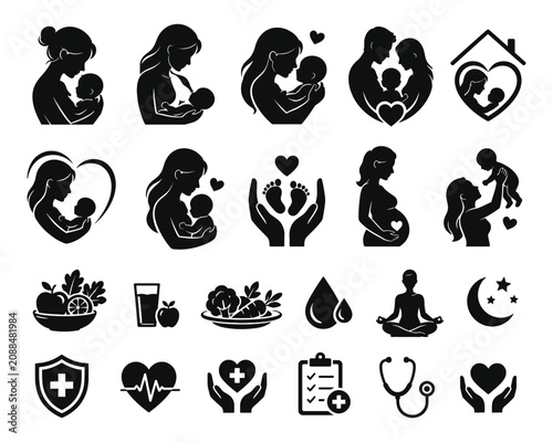 Maternal health and baby care icons set for pregnancy and parenting