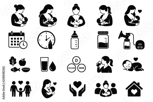 Breastfeeding and infant care icons set flat vector graphic elements