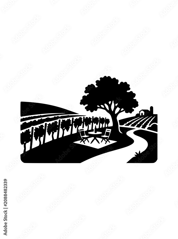 Naklejka premium Vineyard Landscape Illustration with Wine Table and Tree Silhouette