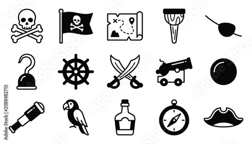 Pirate adventure vector icon set with skull crossbones pirate flag treasure map hook ship wheel crossed swords cannon bomb telescope parrot rum bottle compass and hat black glyph symbols