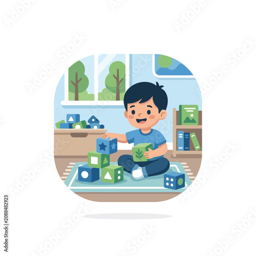 Minimalist of Happy Child Playing with Colorful Educational Blocks in Bright Playroom with high quality professional line art symbols for modern creative design and digital branding projects