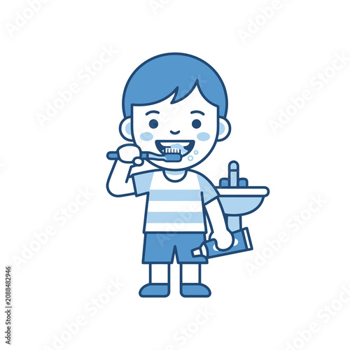 Professional of a Blue Cartoon Child Brushing Teeth at a Blue Sink with Toothbrush and Toothpaste