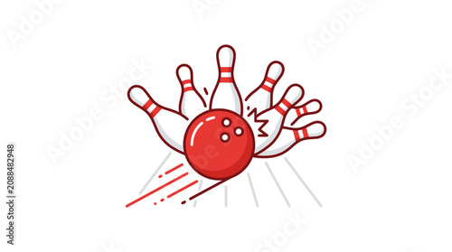 Modern Red Bowling Ball Knocking Down Ten Striking Pins with high quality professional line art symbols for modern creative design and digital branding projects