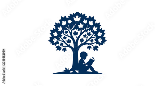 Professional Blue Silhouette of Child Reading Under a Tree with Autumn Leaves with high quality professional line art symbols for modern creative design and digital branding projects